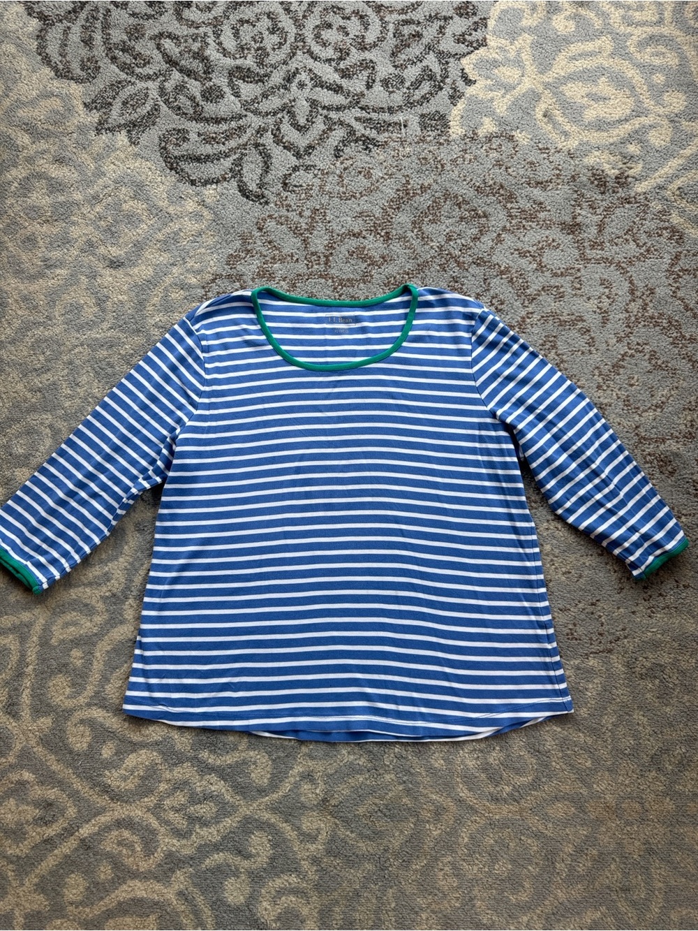 L.L. Bean 3/4 Sleeve Cotton Striped Top Blue White Green XL